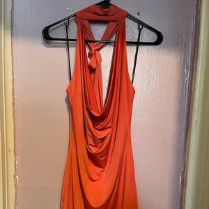Peach/pink mini dress with deep back, cowl neck & neck tie